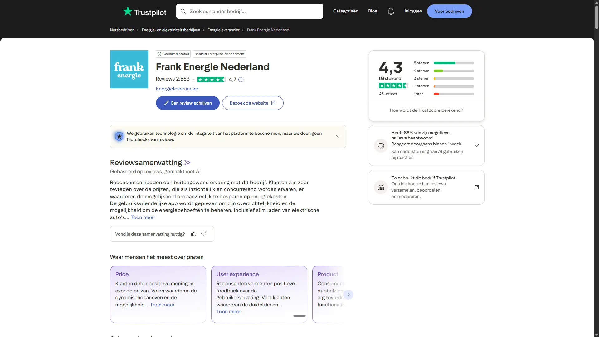 Frank Energie Trustpilot score 4,3 op 5 op basis van 2.563 beoordelingen april 2026