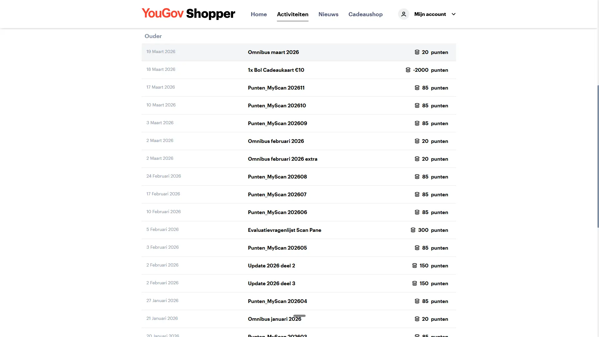 YouGov Shopper activiteiten overzicht met Omnibus enquetes en MyScan punten van februari en maart 2026