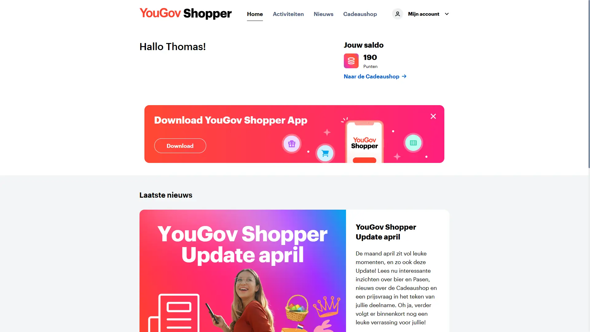 YouGov Shopper webportaal dashboard met puntensaldo en nieuws-update april 2026