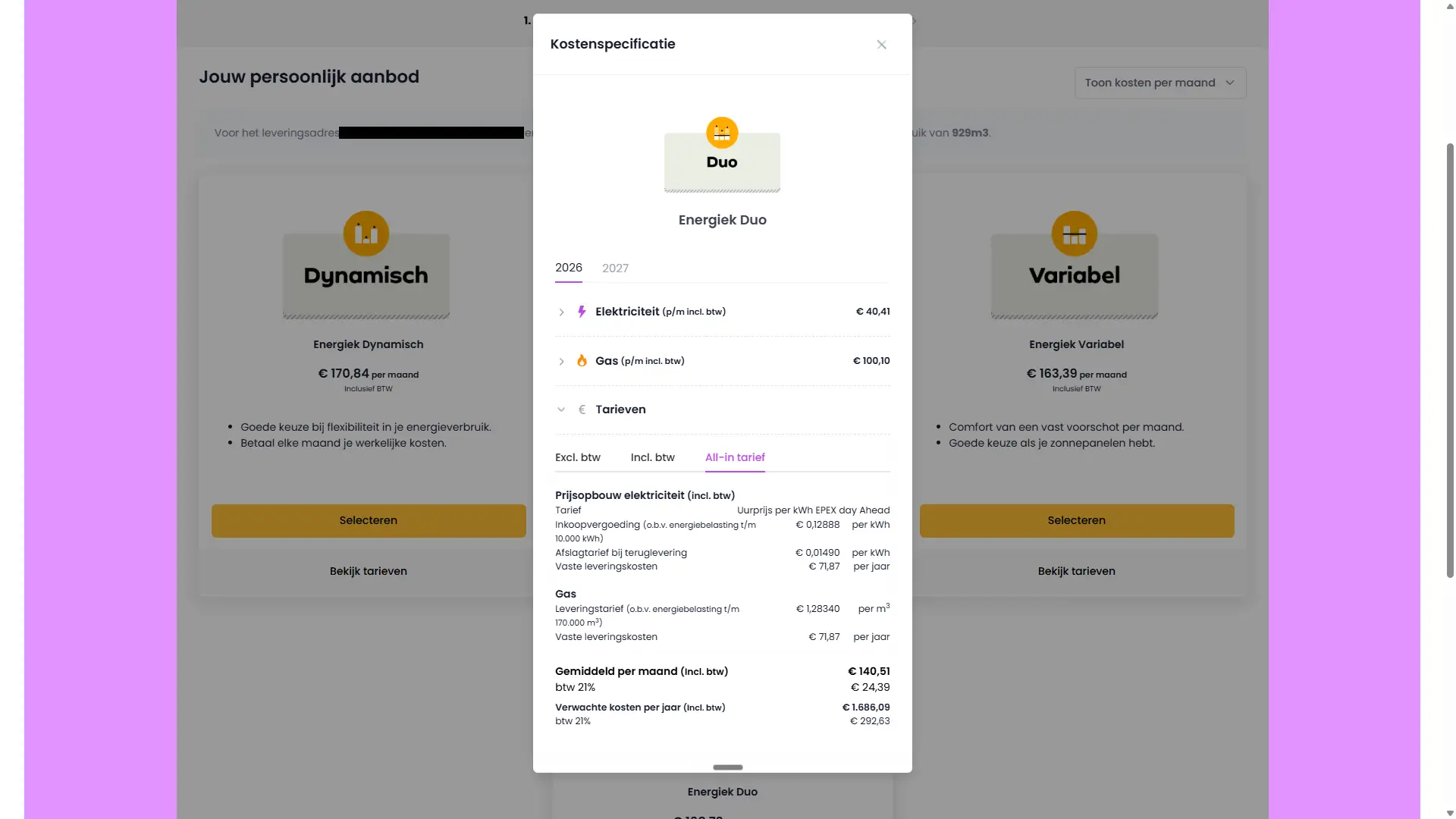 Kostenspecificatie van het Energiek Duo contract met dynamische stroom en variabel gas.