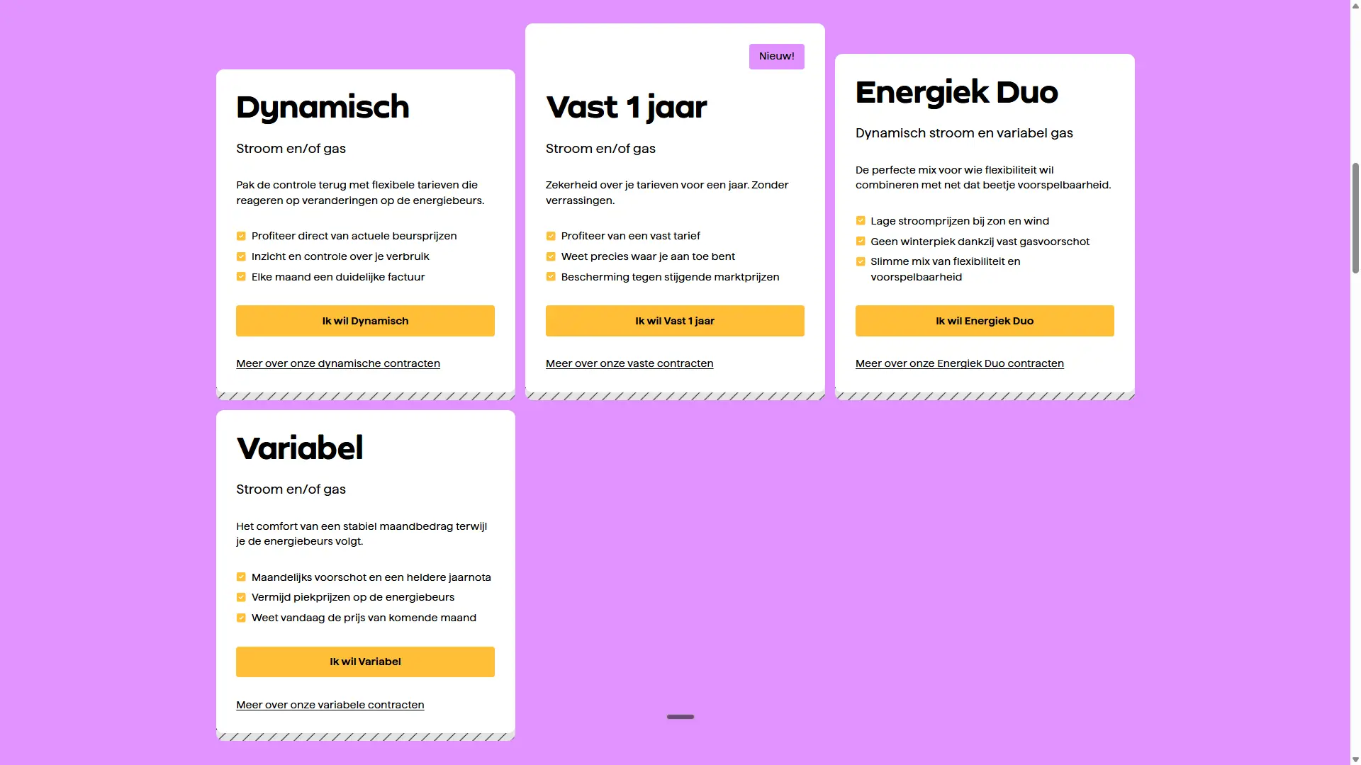 Overzicht van de vier energiecontracten van Energiek: Dynamisch, Vast 1 jaar, Energiek Duo en Variabel, weergegeven op de Energiek-website.