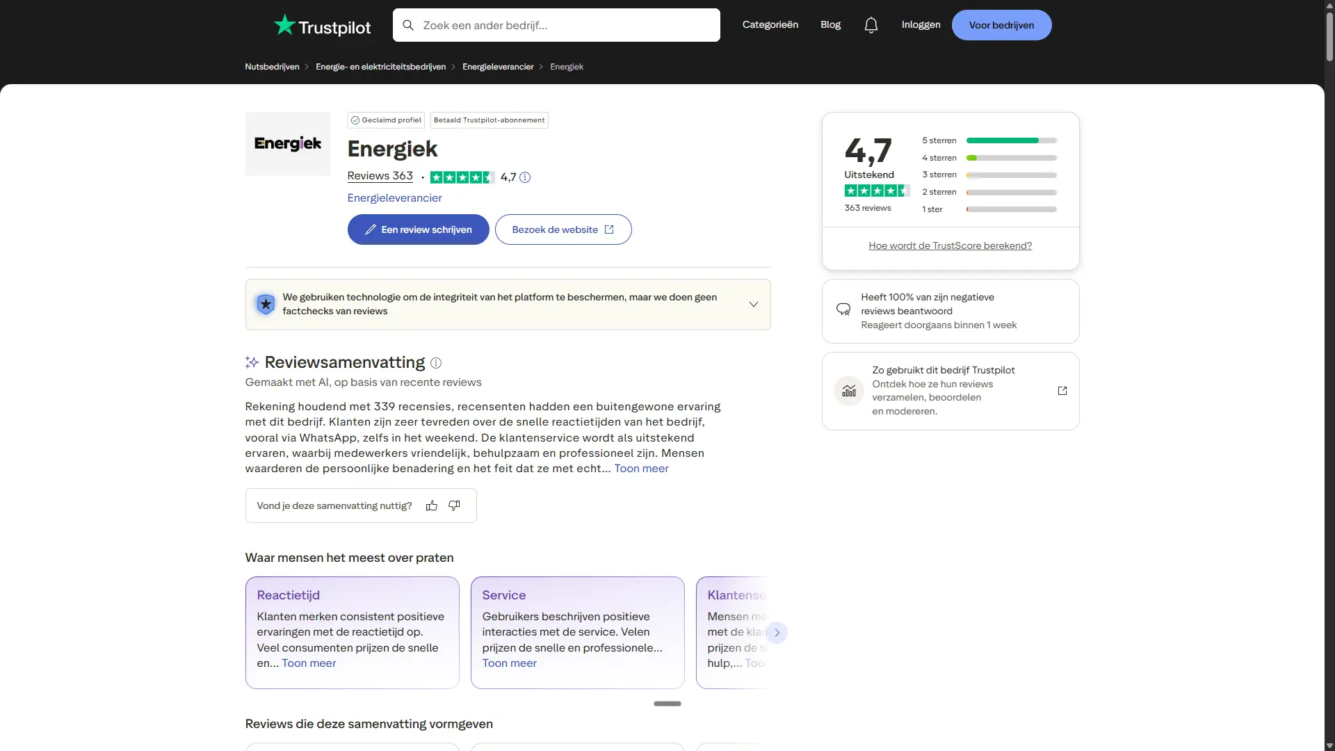 Trustpilot-pagina van Energiek met een score van 4,7 sterren op basis van 363 reviews en een samenvatting van klantbeoordelingen.