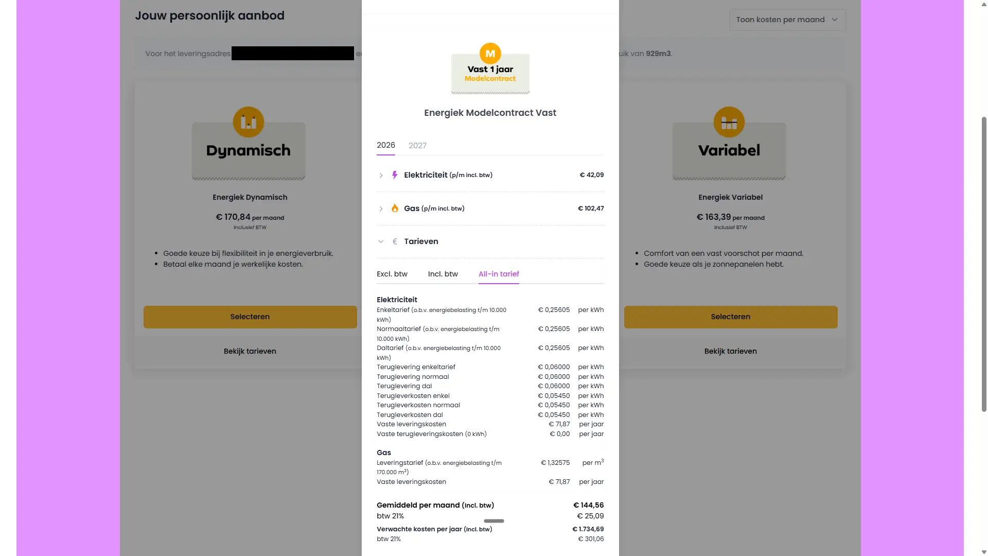 Kostenspecificatie van het Energiek Modelcontract Vast 1 jaar met vaste tarieven en verwachte jaarkosten.