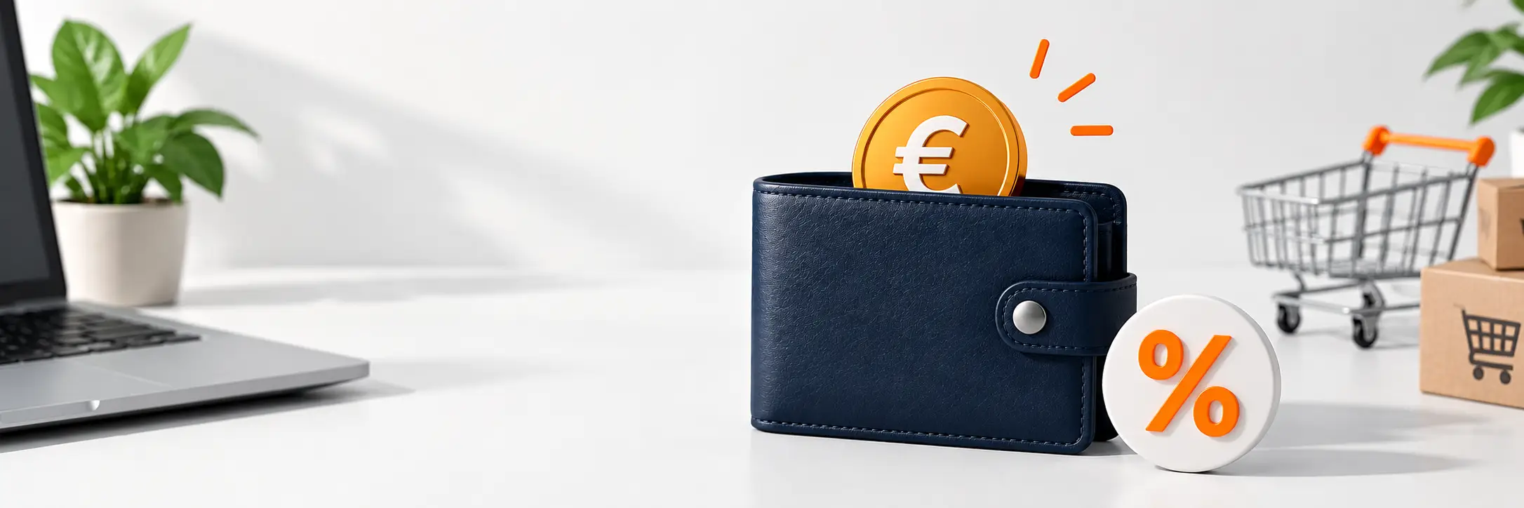 Blauwe portemonnee met euromunt en percentage teken op een bureau, met een winkelwagentje en laptop op de achtergrond.