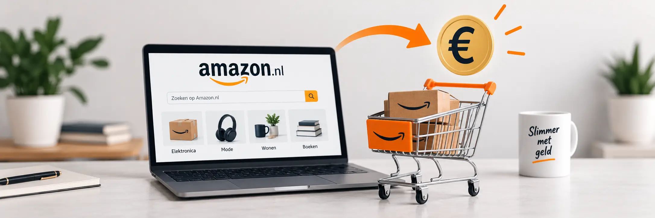 Een laptop met de website van Amazon.nl en een winkelwagen vol pakketten, die cashback en besparingen symboliseert.
