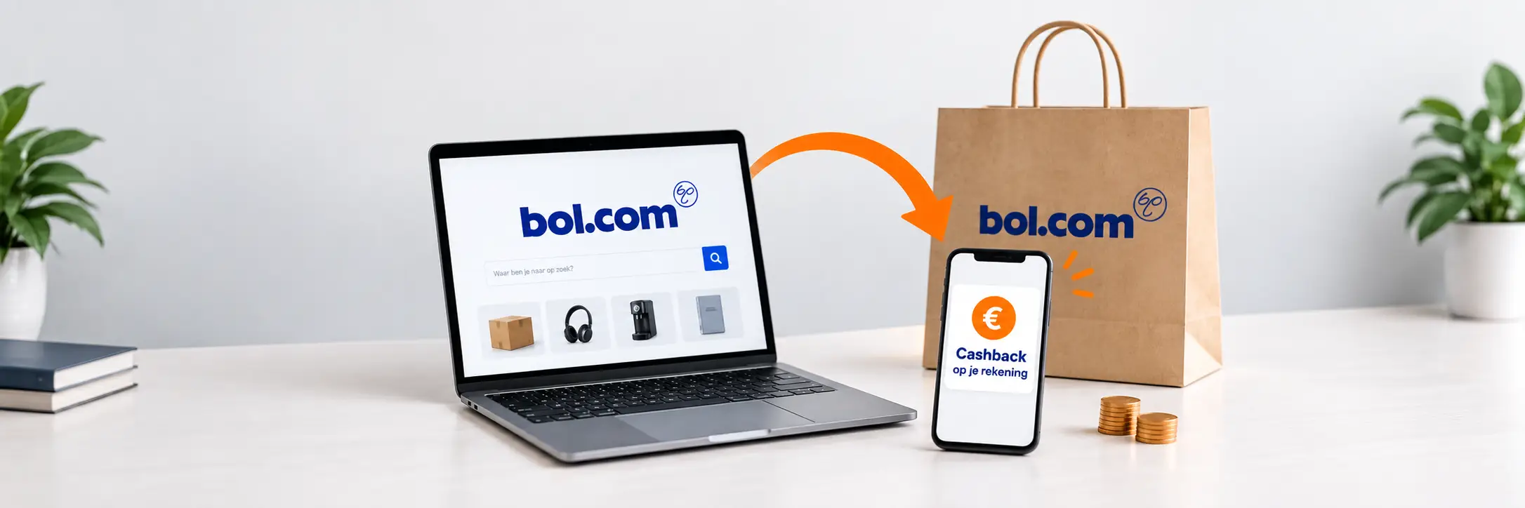 Een laptop met bol.com website, een mobiele telefoon met bol cashback melding en een papieren tas op een bureau.