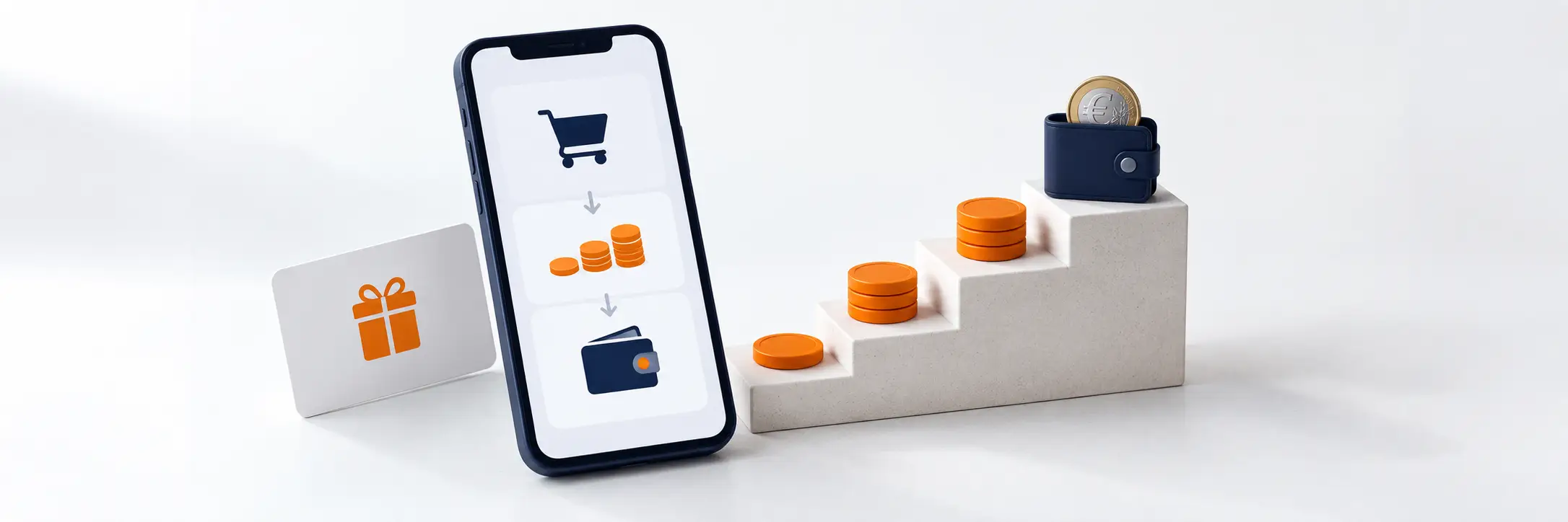 Een smartphone met een aankoopproces, euro-munten op een trap en een portemonnee, symbool van cashback Euroclix.
