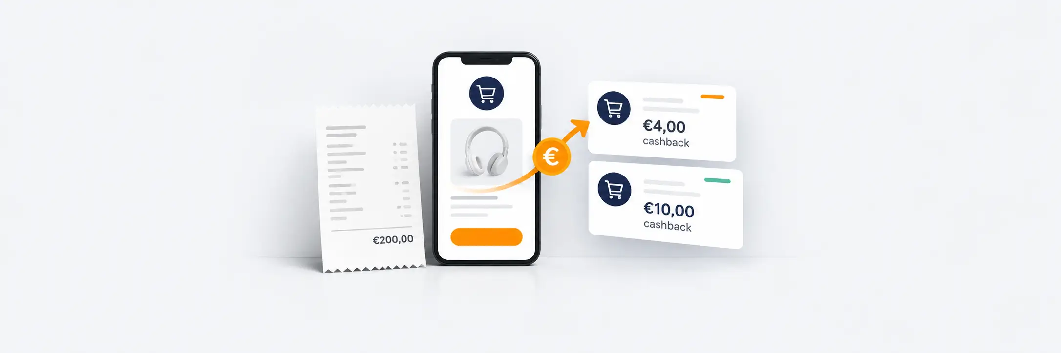 Afbeelding van een smartphone met een shopping-app, een kassabon van €200 en cashback bedragen van €4 en €10.