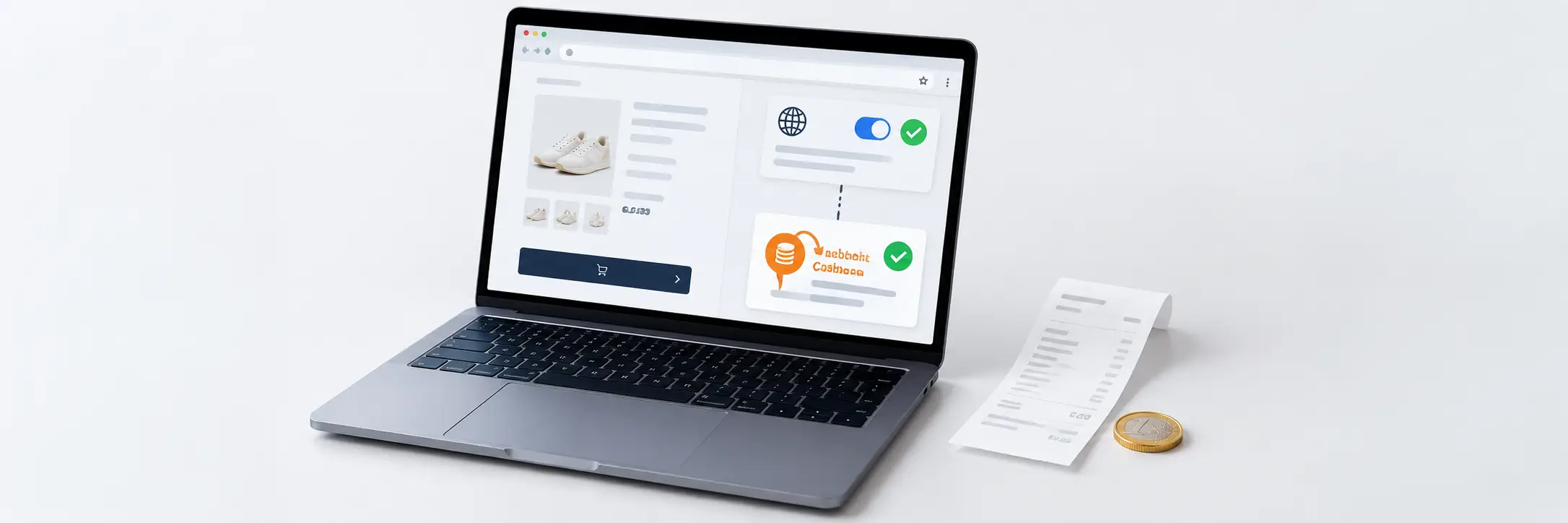 Een laptop met een online shoppingwebsite op het scherm, met een bonnetje en een euromunt op de achtergrond, benadrukt het gebruik van cashback met CashbackXL.