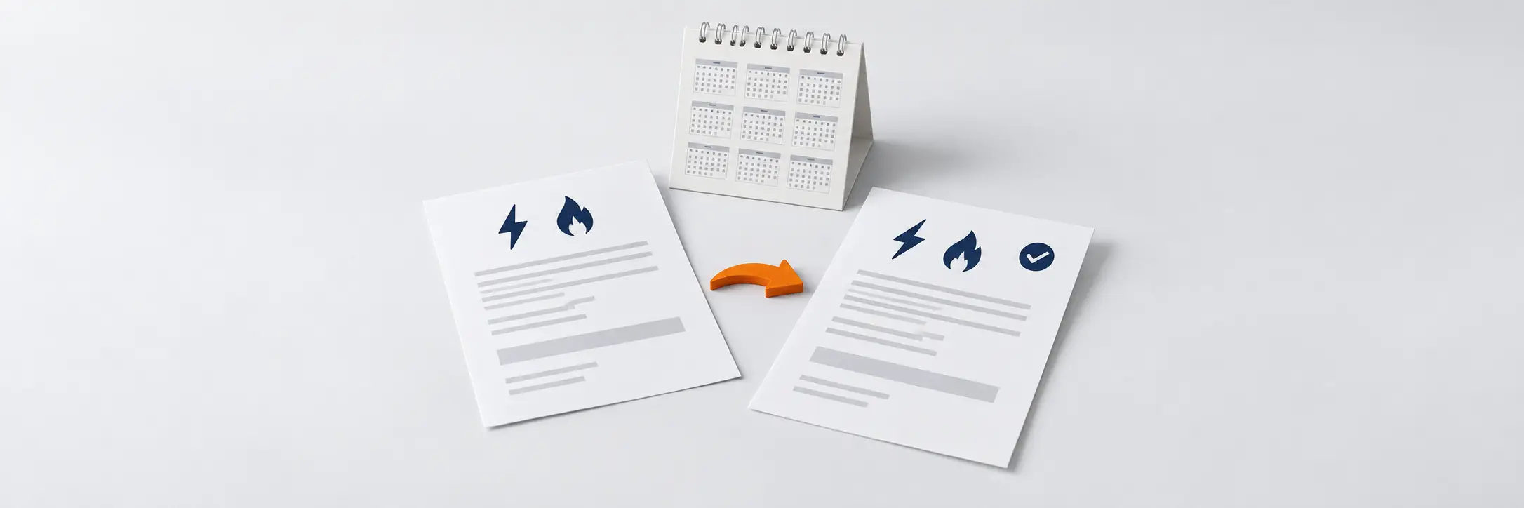 Twee energiedocumenten met symbolen voor elektriciteit en gas en een kalender op een bureau.