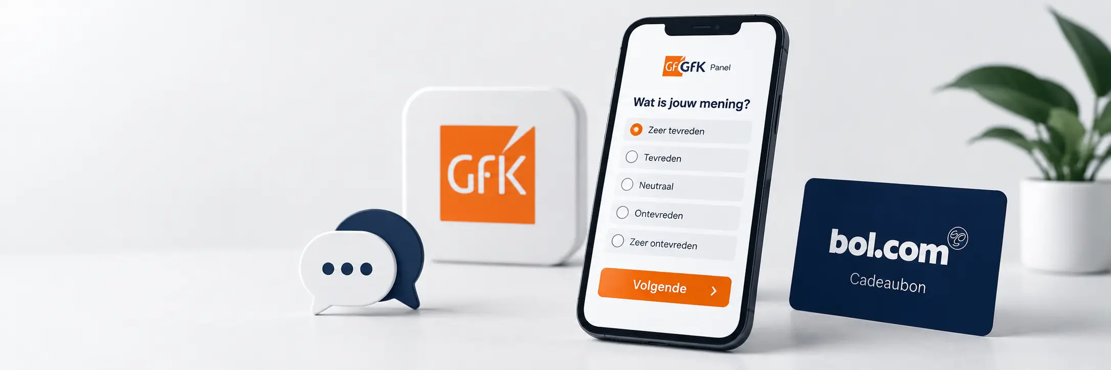 Een smartphone met een GfK enquete, GfK logo en bol.com cadeaubon op een tafel.
