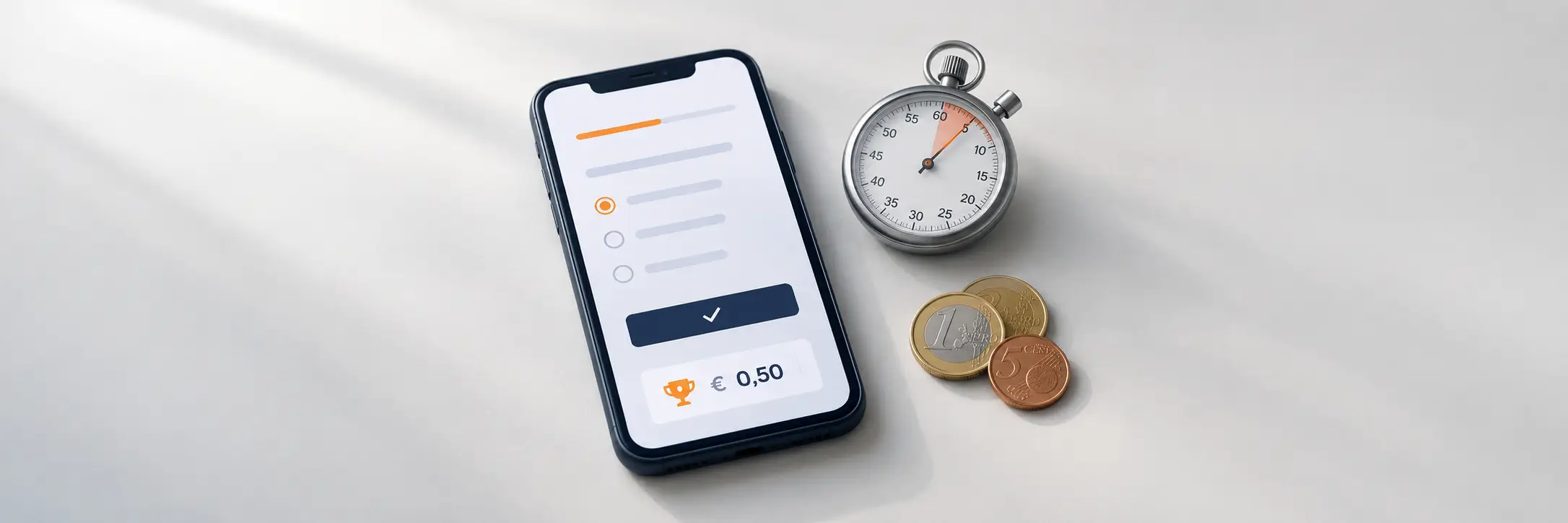 Een smartphone met een enquête-app, naast een stopwatch en euromunten op een tafel.