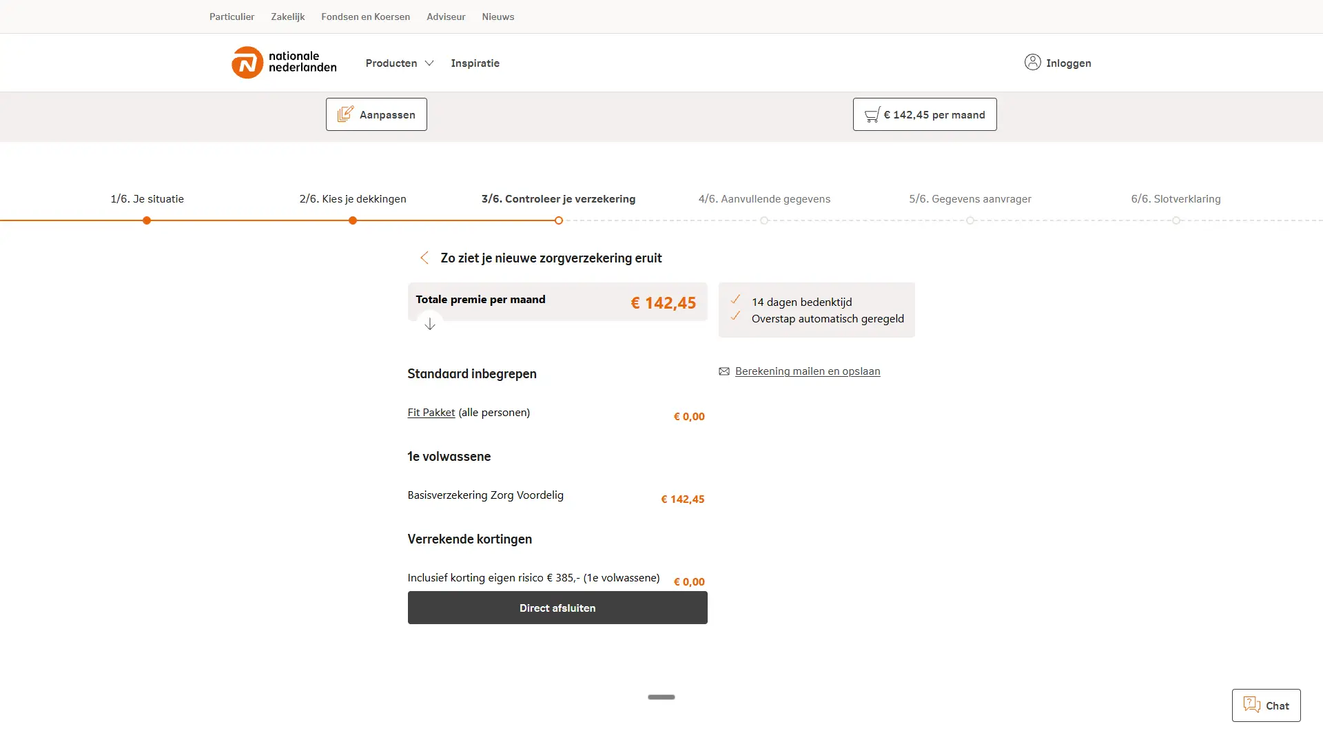 Controlescherm van de premieberekening van Nationale-Nederlanden op stap 3 van 6, met de knop Direct afsluiten en het eigen risico van €385