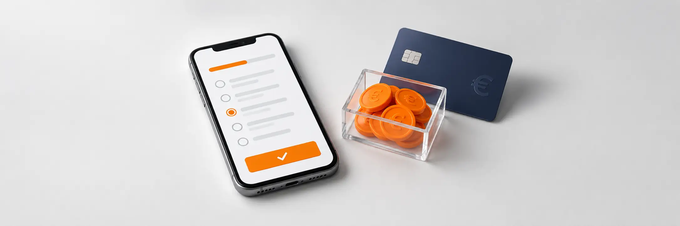 Een telefoon met een checklist, een creditcard en een doosje met oranje munten op een witte achtergrond.