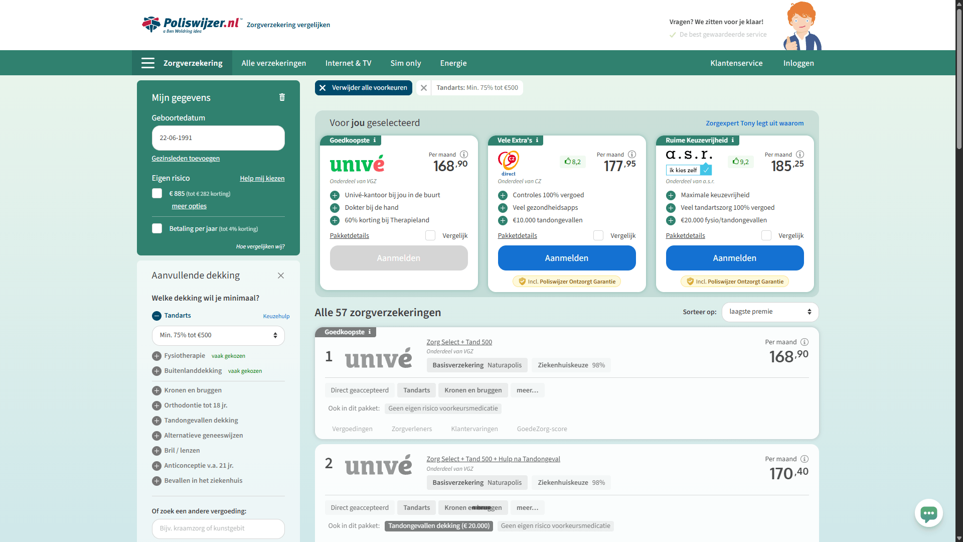 Aanbevelingsblok van Poliswijzer met Univé bovenaan als goedkoopste en een uitgeschakelde knop, naast twee afsluitbare polissen met de Ontzorgt Garantie