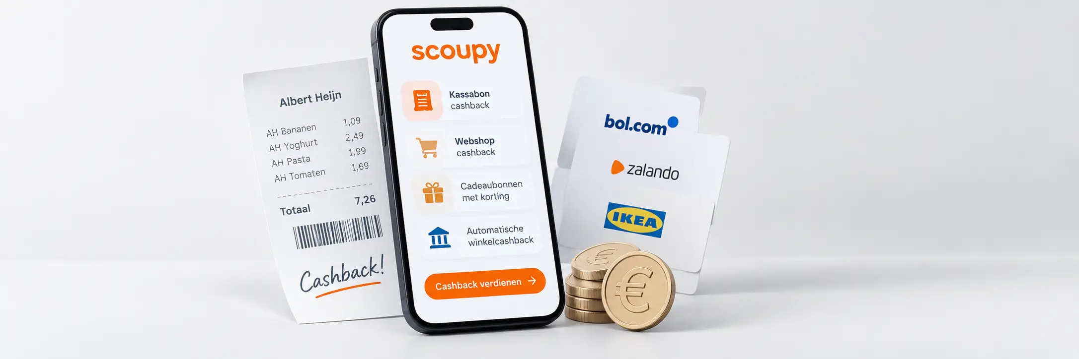 Smartphone met Scoupy-app voor cashback naast kassabon en cadeaukaarten van IKEA, Bol.com en Zalando.