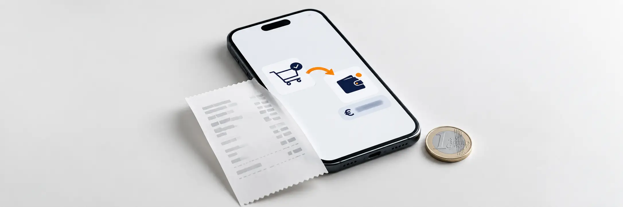 Een smartphone met een afbeelding van een winkelwagentje en een portemonnee, naast een papieren bon en een euromunt op een witte achtergrond.