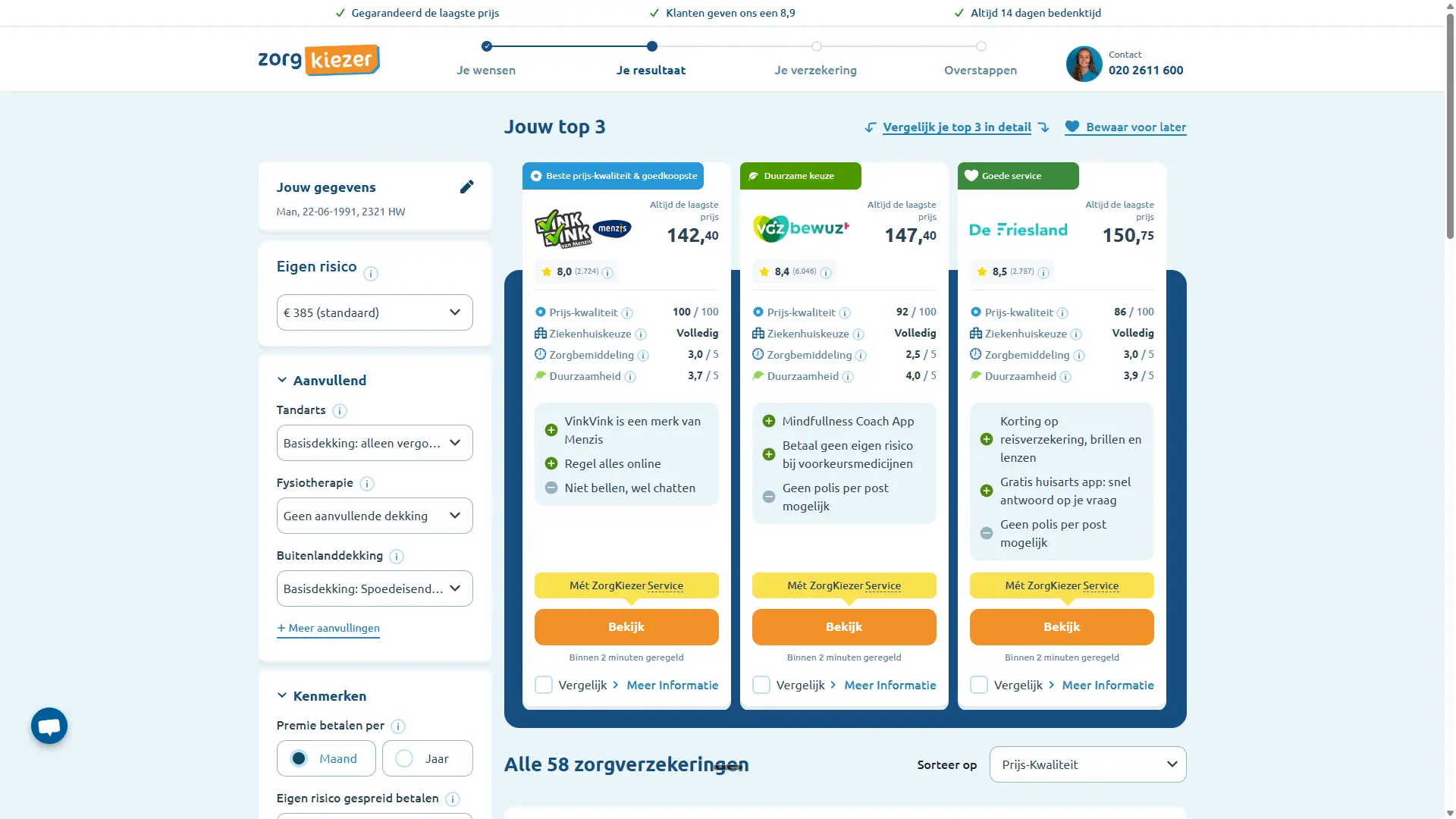 Resultatenlijst van de zorgvergelijker van Zorgkiezer met alle basisverzekeringen in beeld, inclusief polissen met het label niet af te sluiten