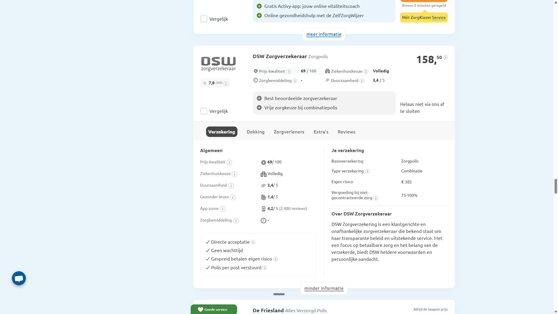 Polisdetail van de DSW-basisverzekering bij Zorgkiezer met het vermelde eigen risico
