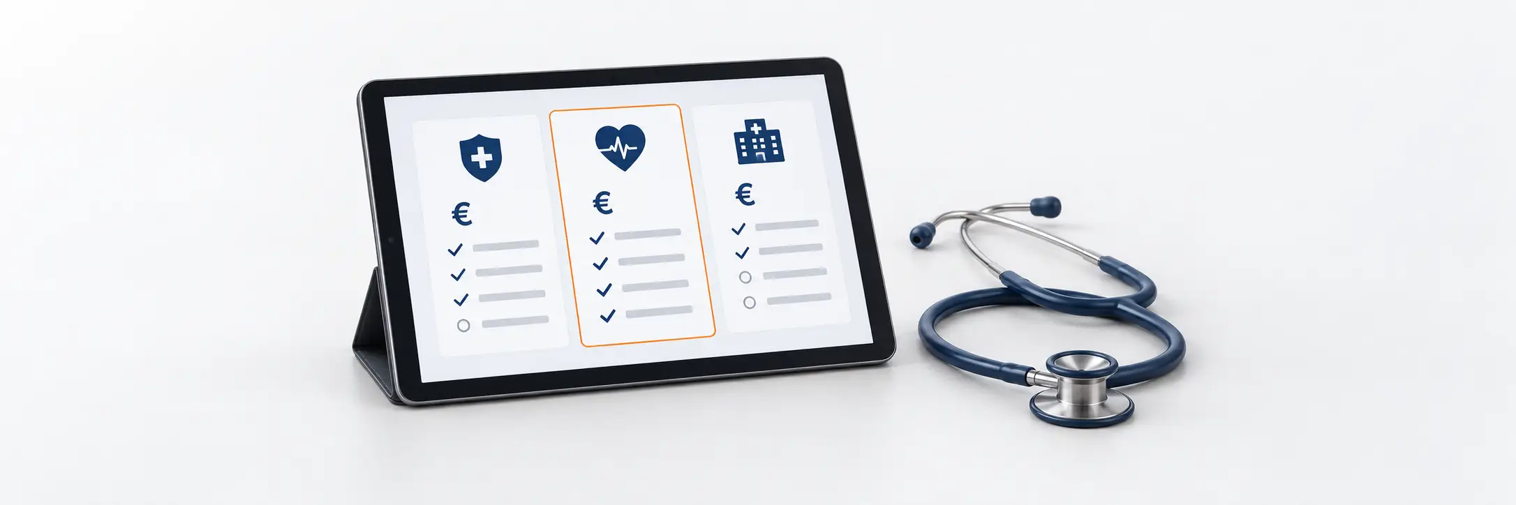 Een tablet met grafische vergelijking van zorgverzekeringen en tips, naast een stethoscoop op een witte ondergrond.